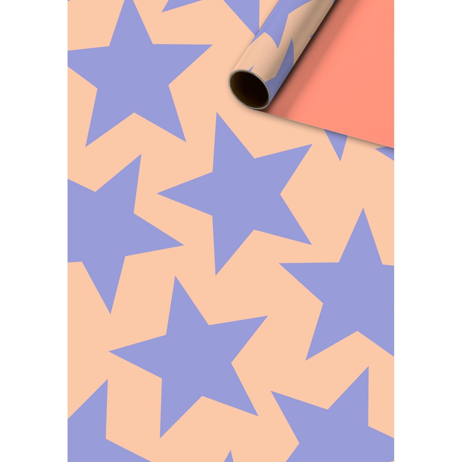 A roll of wrapping paper with a peach background and rich lilac stars across it.