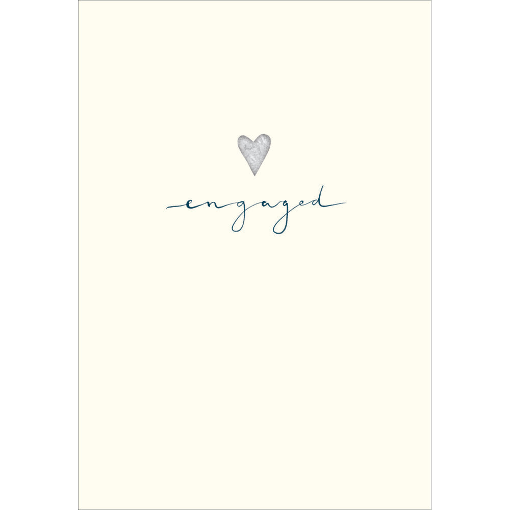 An ivory greetings card with script writing in the centre of the word 'engaged' and featuring a small silver heart above it.