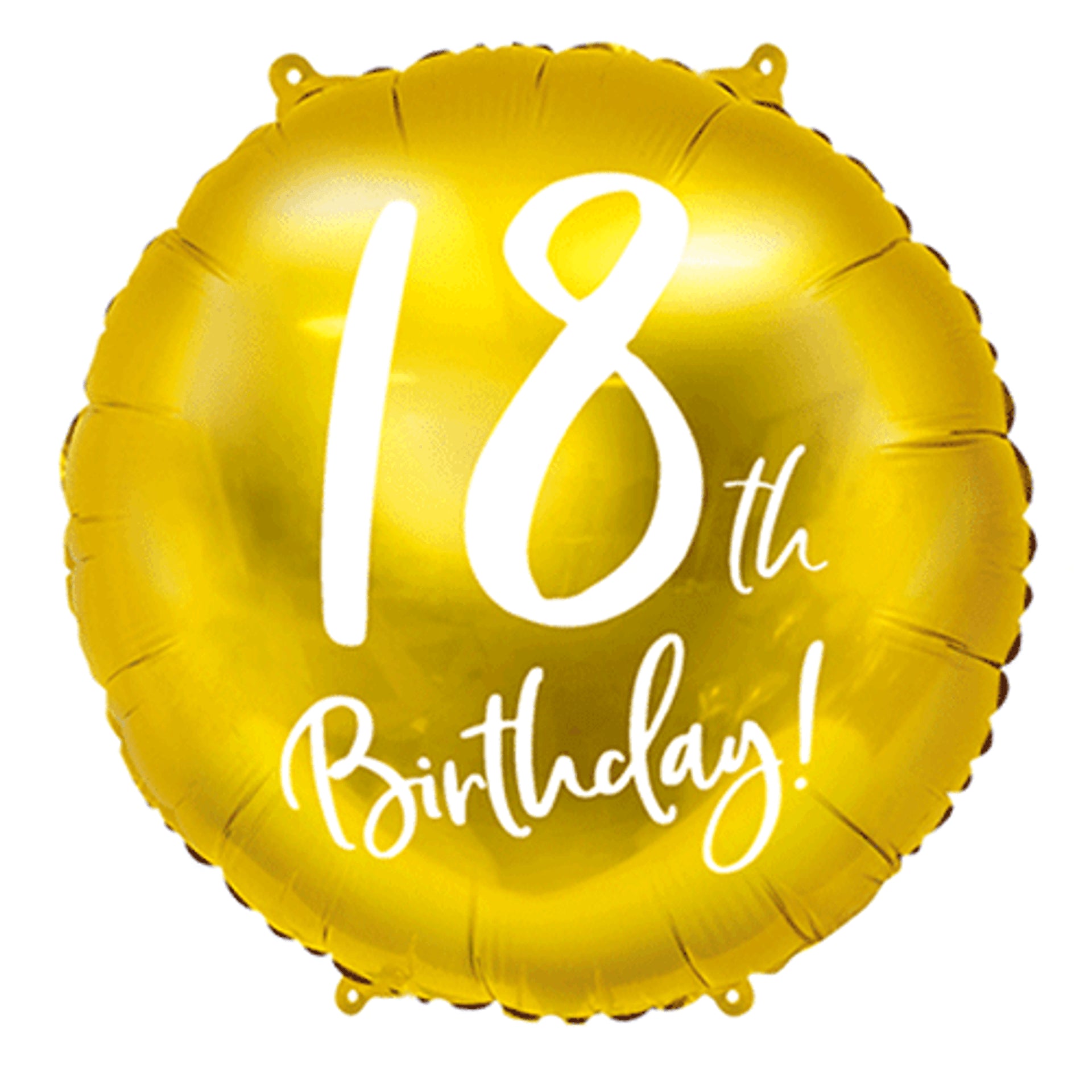 A gold round 18 inch foil balloon with white calligraphy handwriting saying '18th birthday!'.