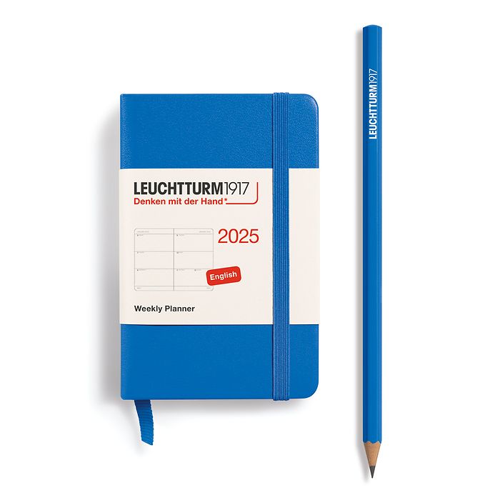 A sky blue leuchtturm1917 weekly planner with accompanying sky blue pencil