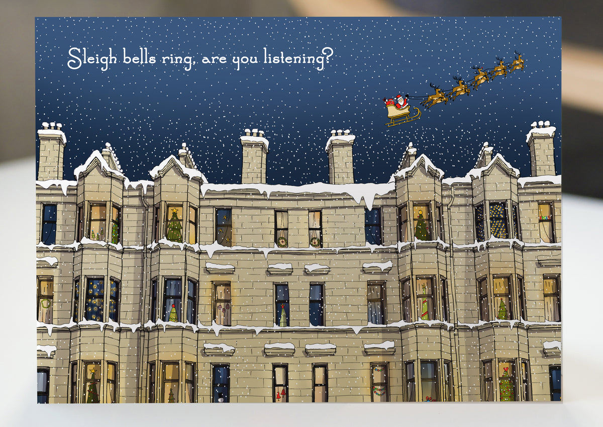 Sleigh bells Ring Snowy Glasgow Tenements Christmas Card by penny black