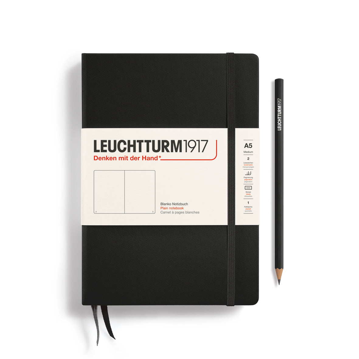 LEUCHTTURM1917 Notebook A5 Medium Hardcover in a black colour and a blank ruling at penny black