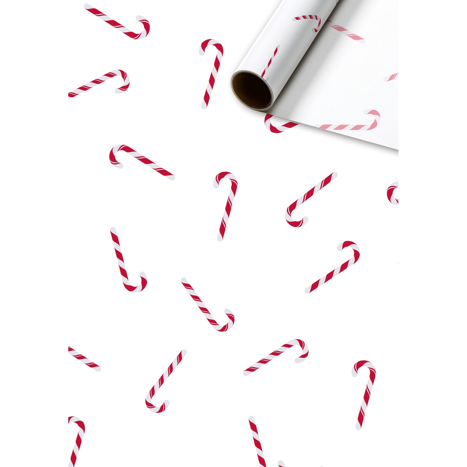 An image of a festive tissue roll with a white background and striped red and white candy canes repeated.