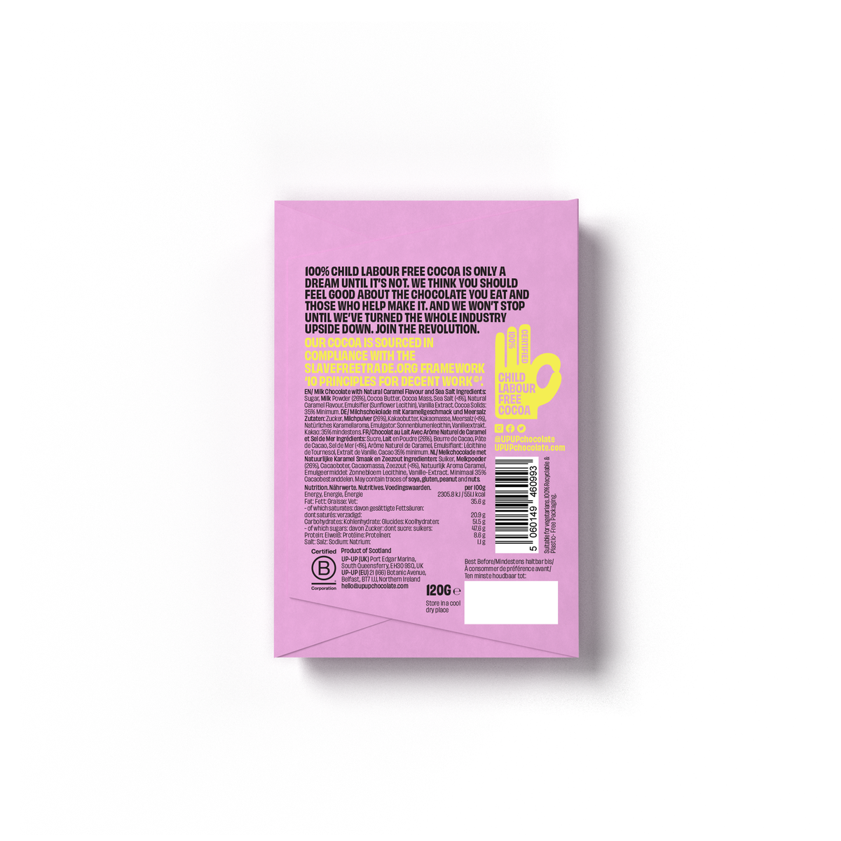 UP-UP Ethical Salted Caramel Milk Chocolate Bar - back of packaging by penny black