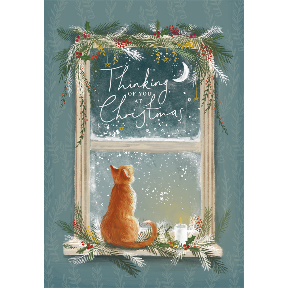 Cat on Windowsill Thinking of You at Christmas Card by penny black