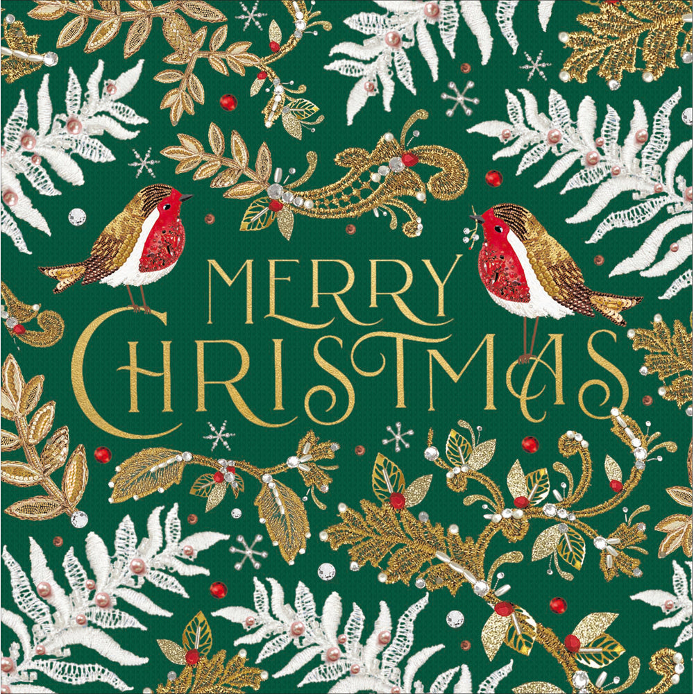 Embroidered Foliage Robins Luxury Christmas Card Box 8 Pk - unboxed by penny black