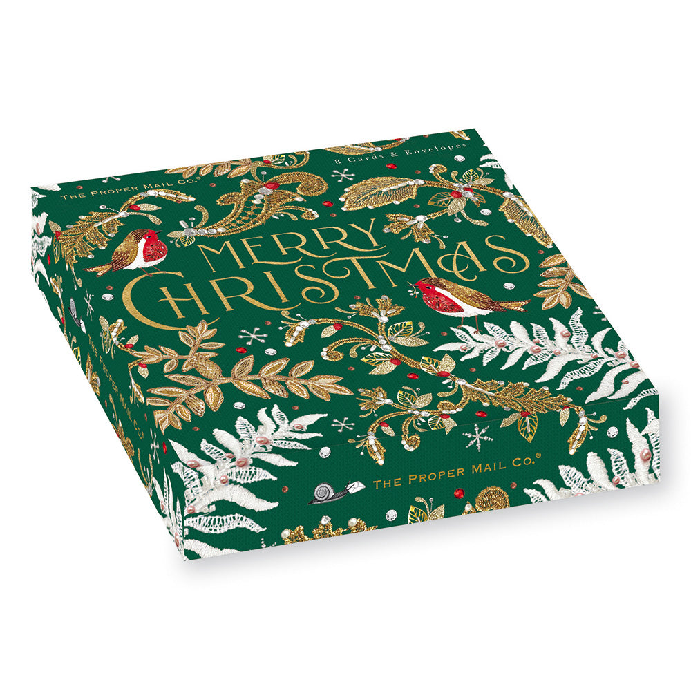 Embroidered Foliage Robins Luxury Christmas Card Box 8 Pk by penny black