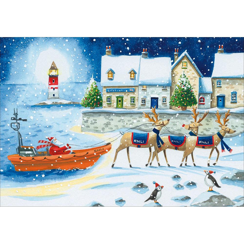 RNLI Christmas Charity Card Set 20 Pk santa in a lifeboat sleigh design by penny black