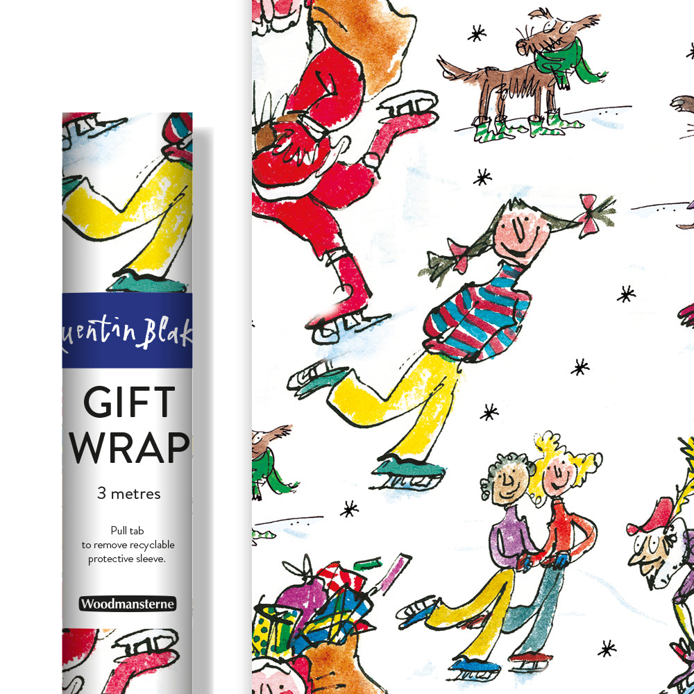 Skating Santa Quentin Blake Christmas Wrapping Paper 3m showing roll and sample by penny black