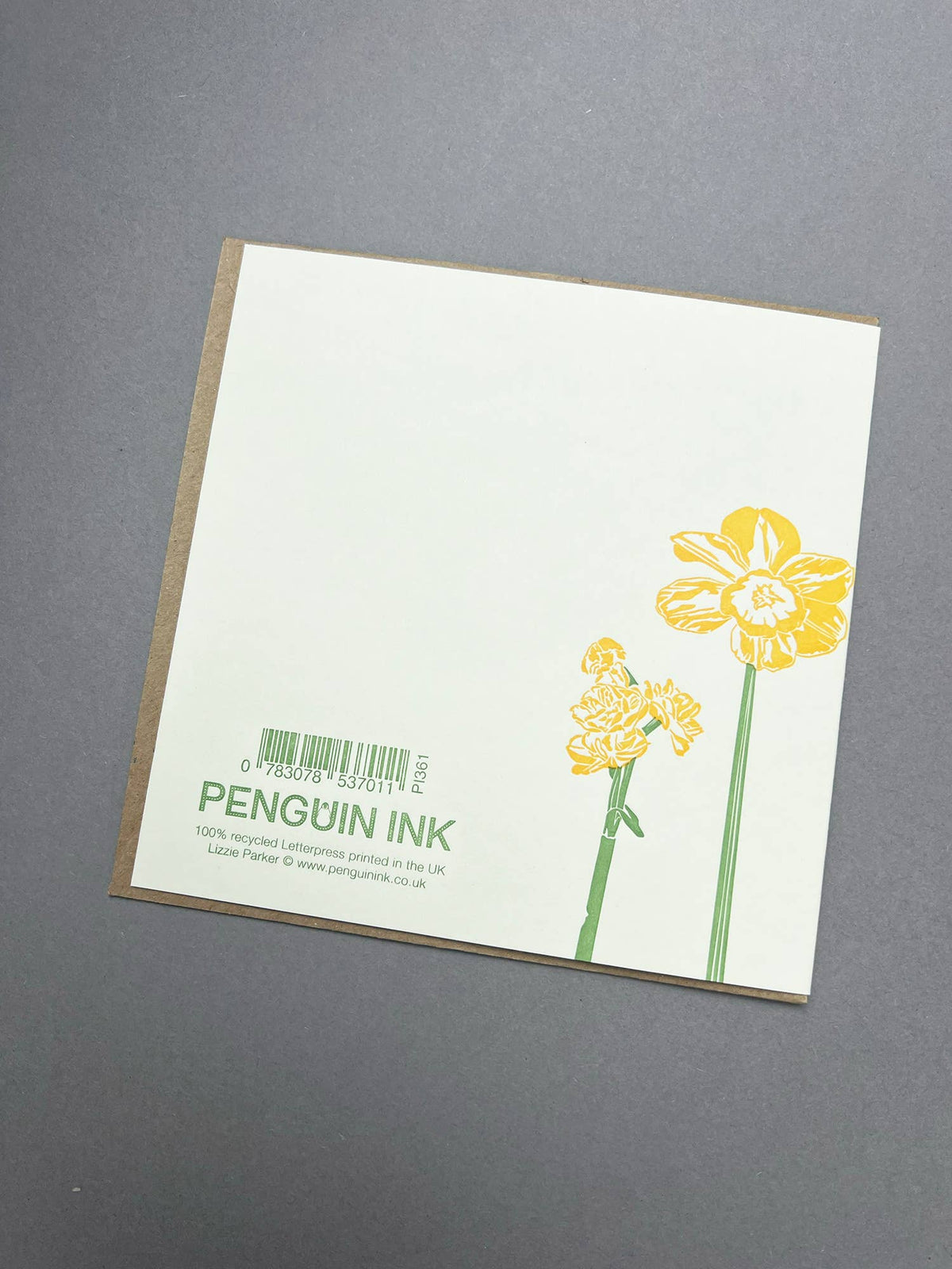 Daffodil Stems Letterpress Card back view by penguin ink at penny black