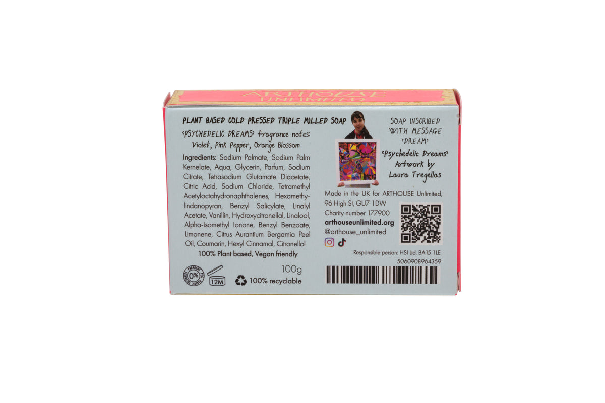 Plant-Based Cold Pressed Soap Bar - back of packaging - Psychedelic Dreams by arthouse unlimited at penny black