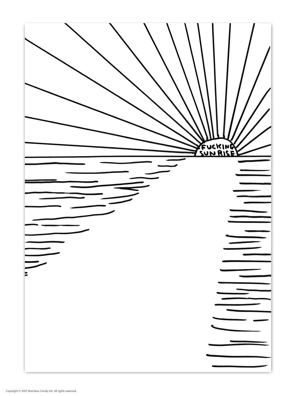 Fucking Sunrise David Shrigley Postcard by penny black featuring a black pen illustration of an ocean with a sunrise. In the centre of the sun it says &#39;fucking sunrise&#39;.