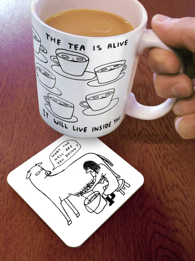 What The Hell Are You Doing David Shrigley Coaster on a table by penny black