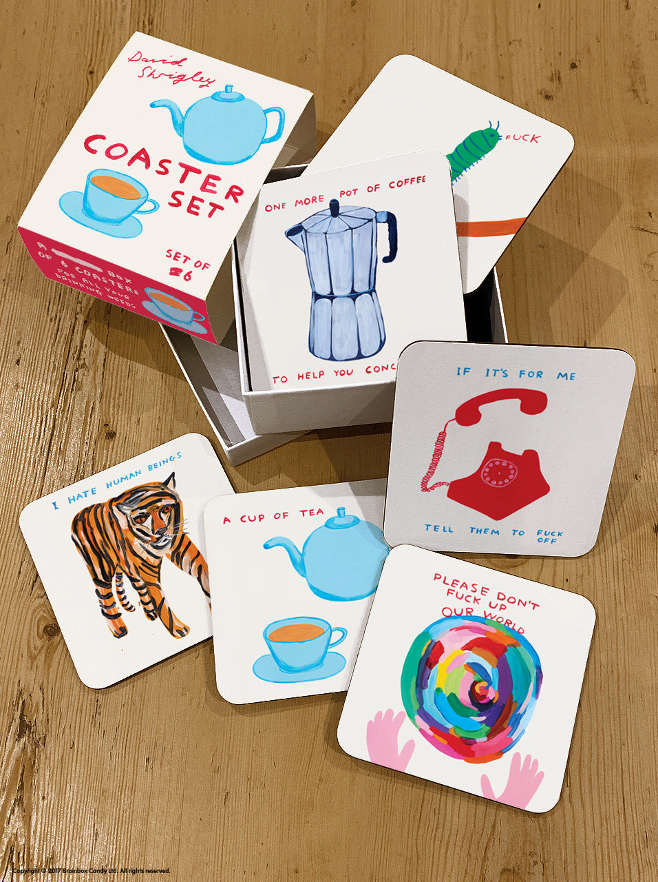 David Shrigley Coaster Gift Box colourful illustrations opened by penny black