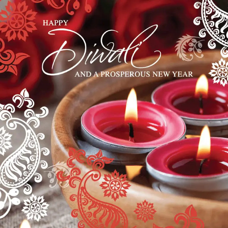 A Diwali greetings card featuring 3 red candles. Words on the card read &#39;Happy Diwali and a prosperous new year&#39;.