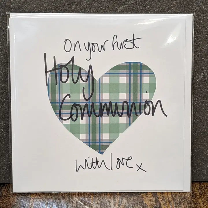 Green Tartan Heart First Holy Communion Card by penny black