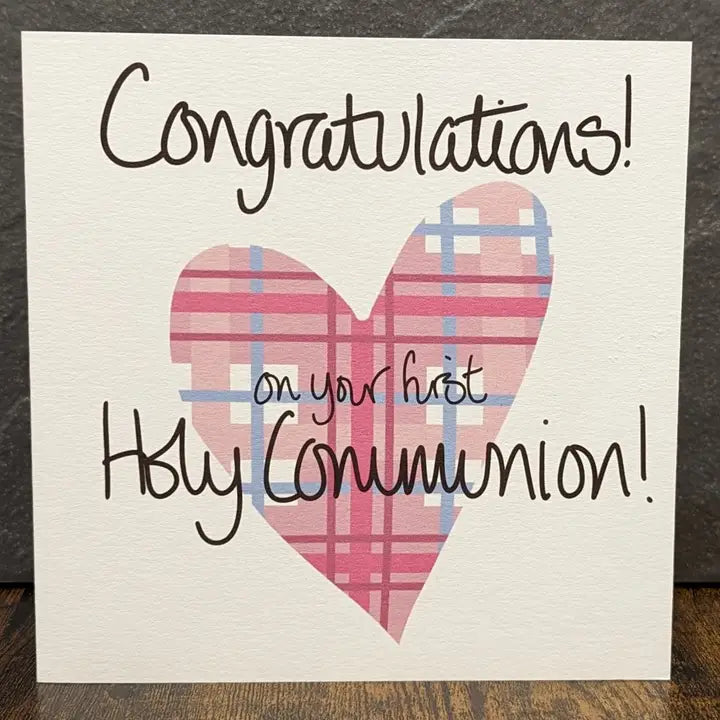 Pink Tartan Heart First Holy Communion Card by penny black