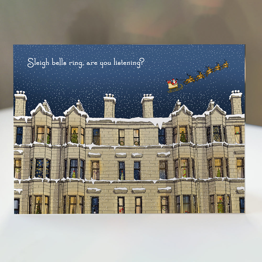 Sleigh bells Ring Snowy Glasgow Tenements Christmas Card by penny black