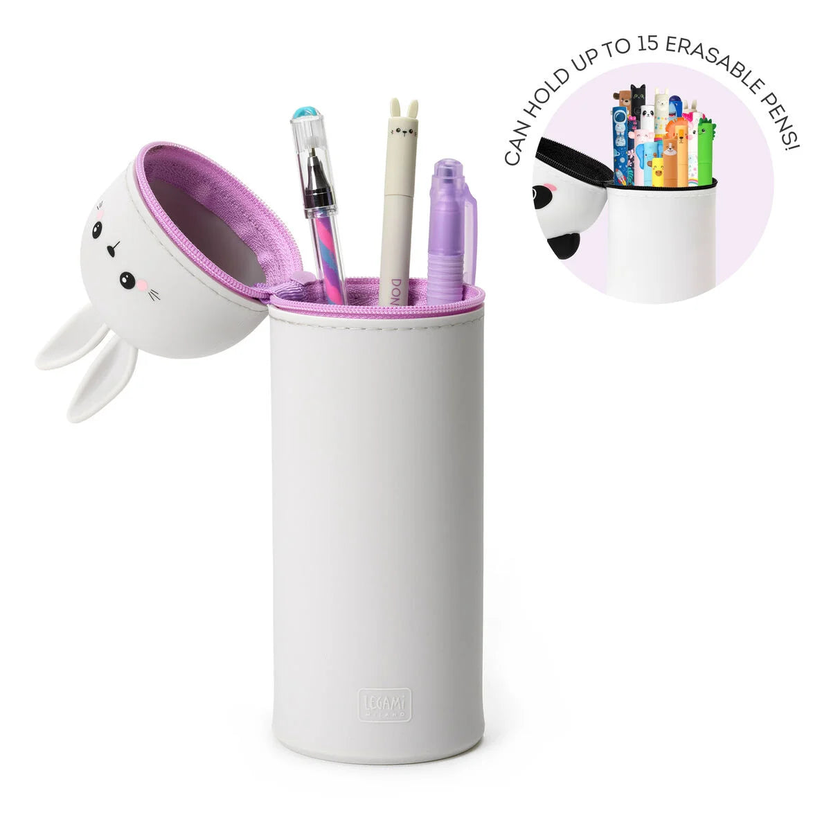 Kawaii Bunny 2-in-1 Pencil Case and Pen Holder unzipped by penny black