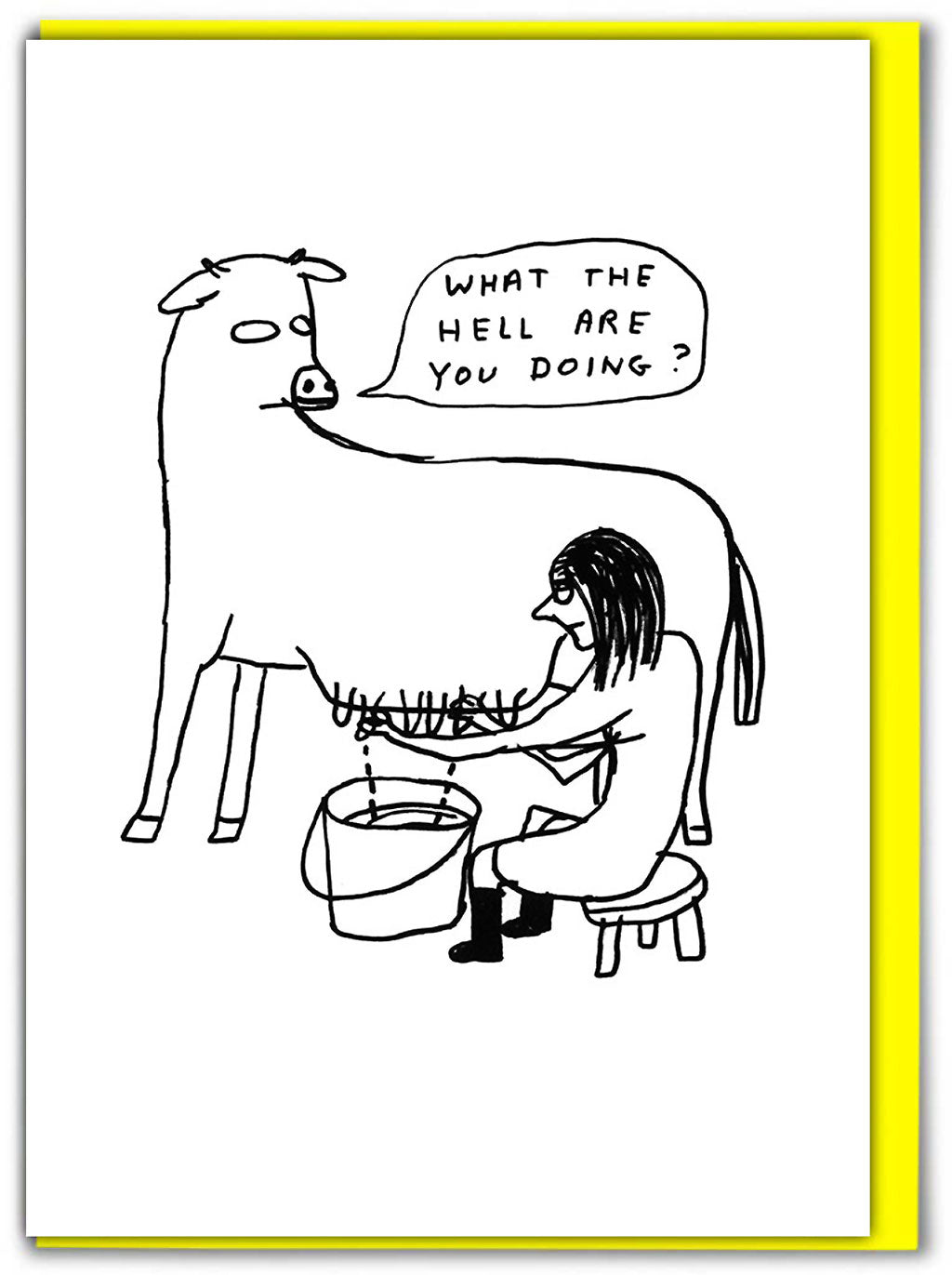 What The Hell Are You Doing David Shrigley Card shows a black pen illustration of a cow being milked and turning it&#39;s head to ask in a speech bubble &#39;what the hell are you doing?&#39;.