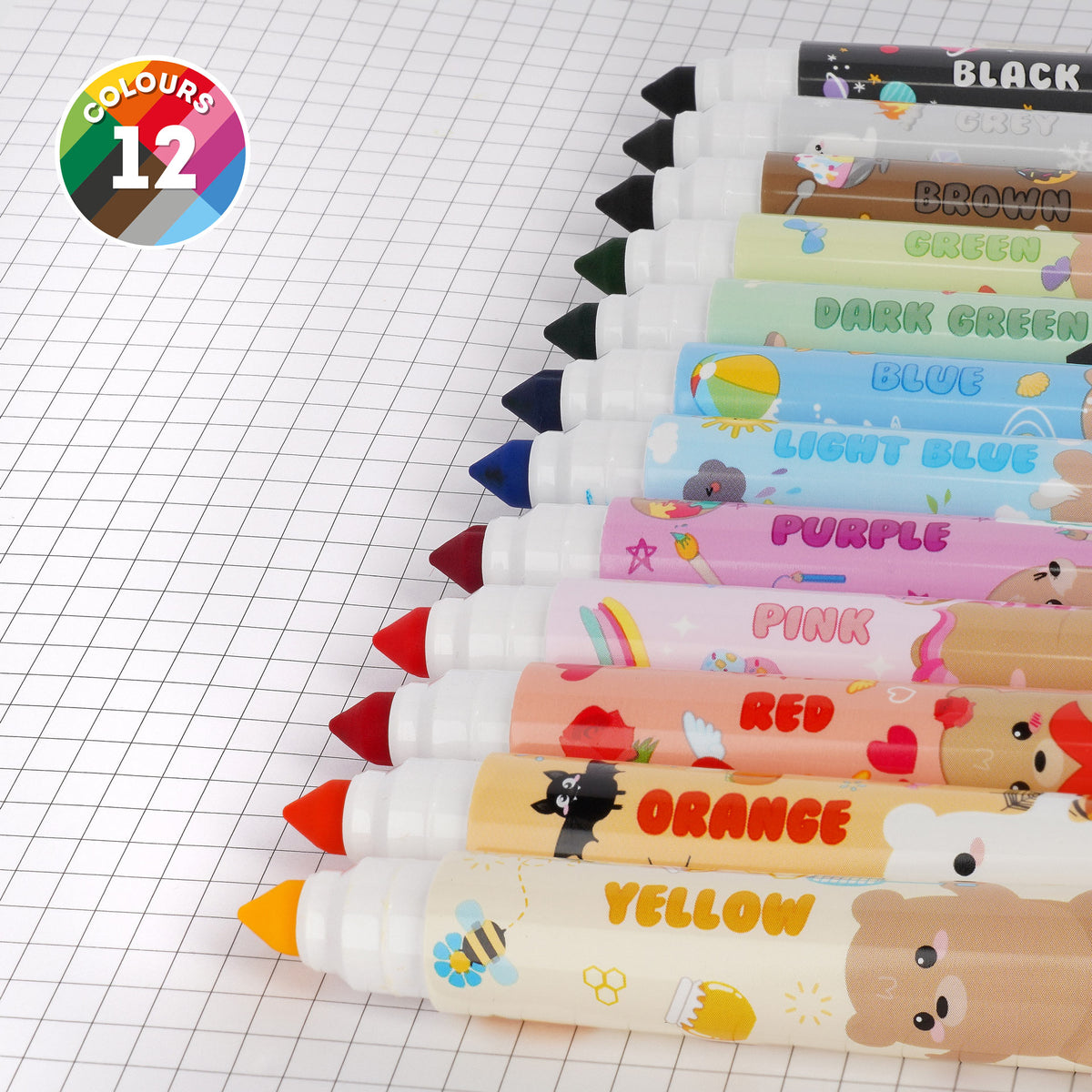 Legami Teddy Friends Marker Pens 12 Set - showing all marker pens with lids off, close up