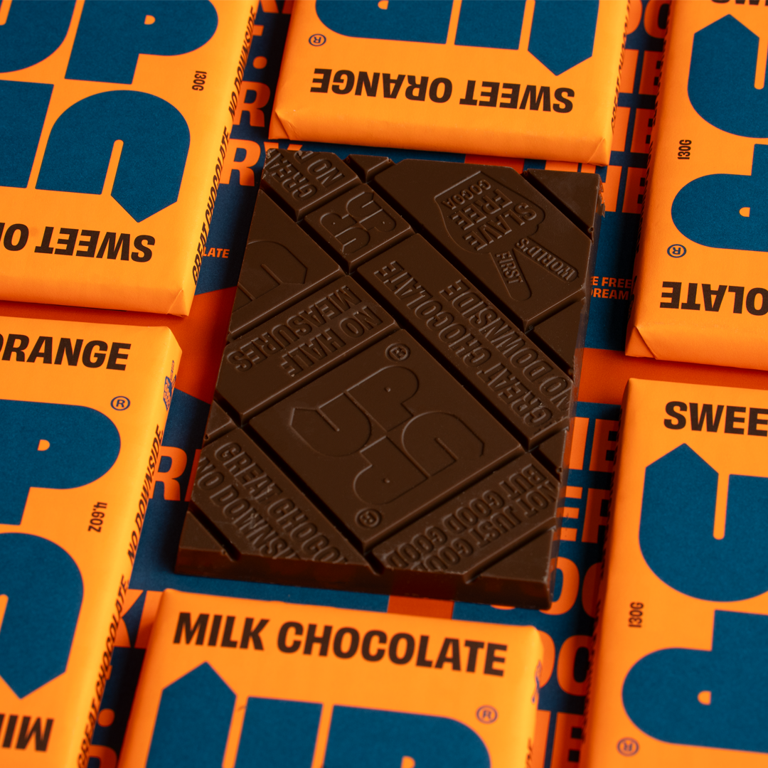 UP-UP Ethical Sweet Orange Milk Chocolate Bar - showing chocolate bar out of packaging and showing design by penny black