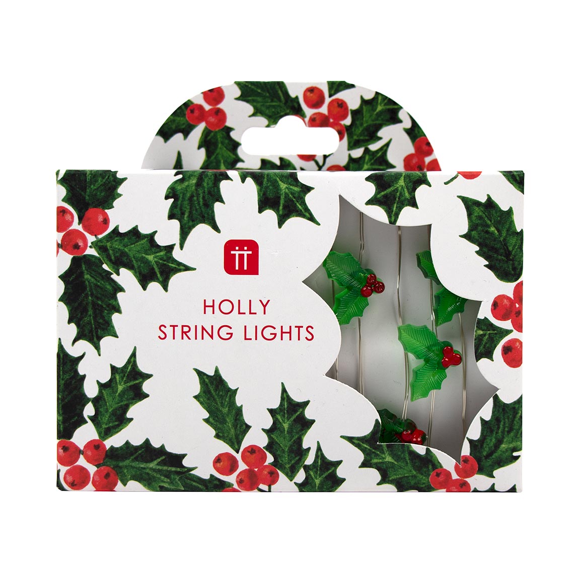 An image of retail packaging for Christmas holly string lights. The box has a white background and illustrations of holly plus a holly shaped cut out that shows the product inside.