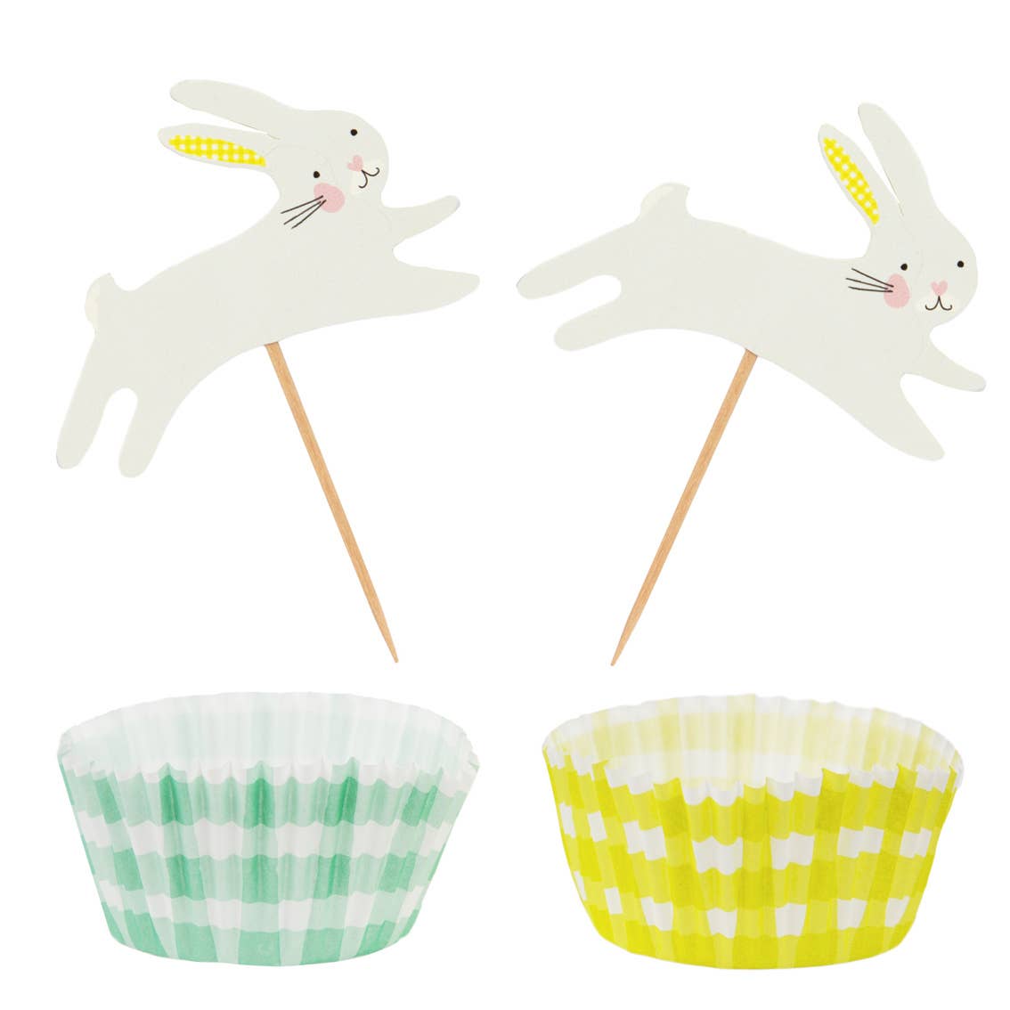 Easter Bunny Cupcake Kit out of the packaging showing two colours of paper cupcake cases and two cocktail sticks with white bunnies jumping over