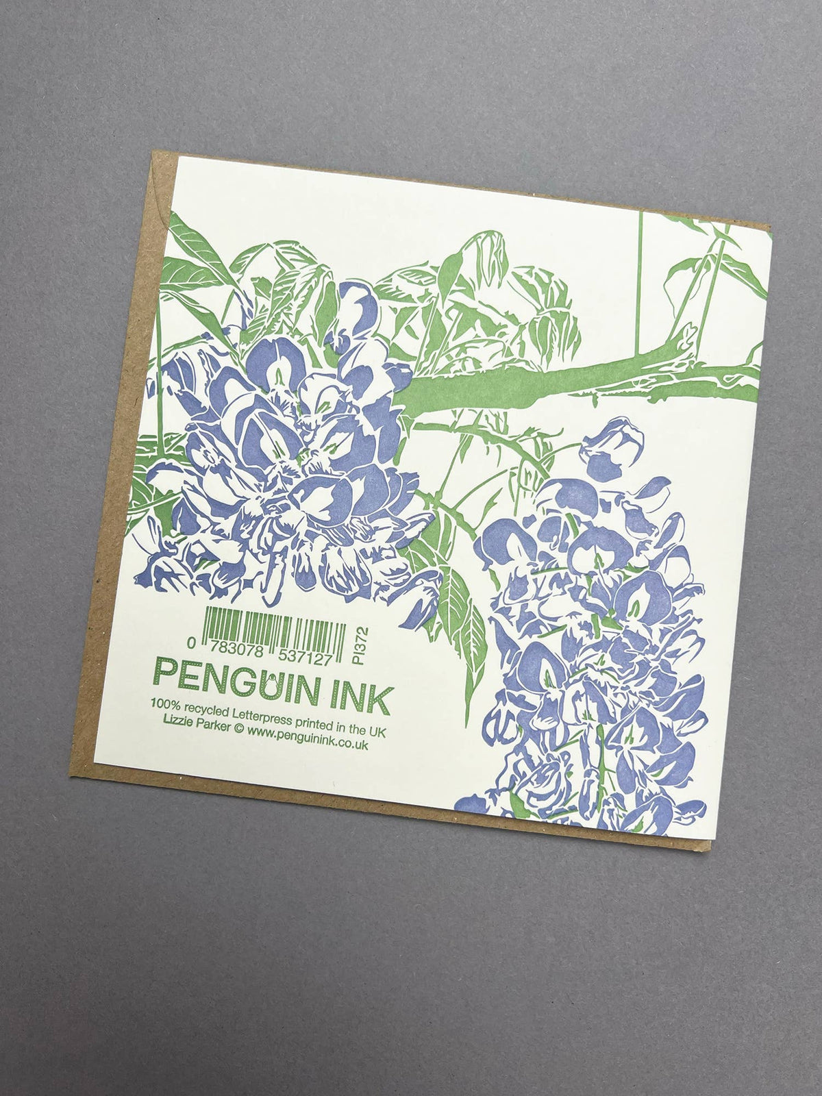 Blue Wisteria Letterpress Card showing design on the back by penguin ink at penny black