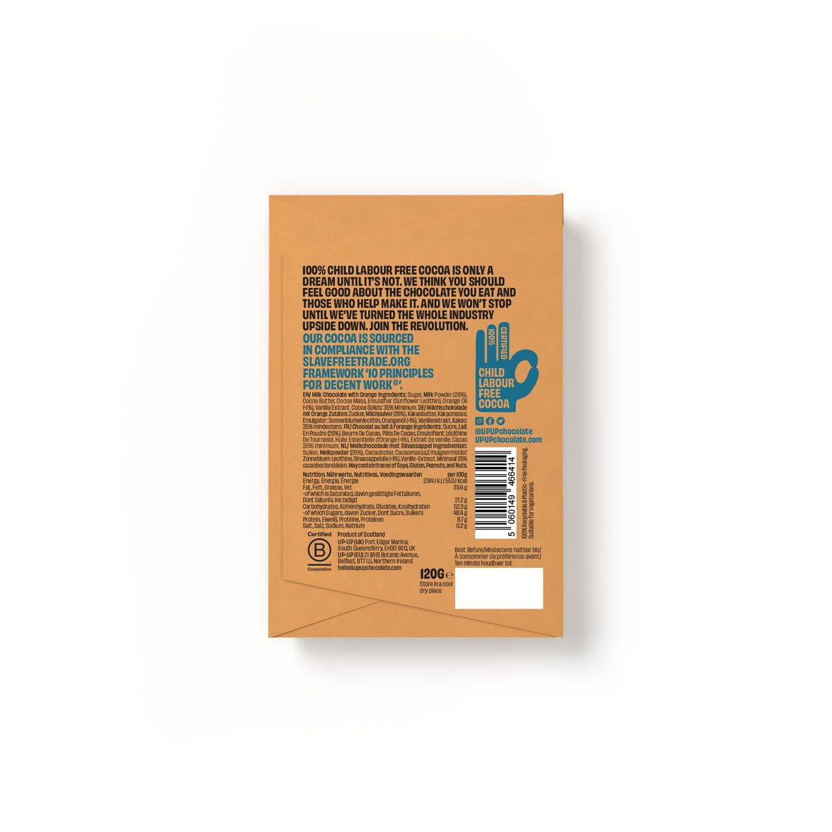 UP-UP Ethical Sweet Orange Milk Chocolate Bar 120G back of packaging by penny black