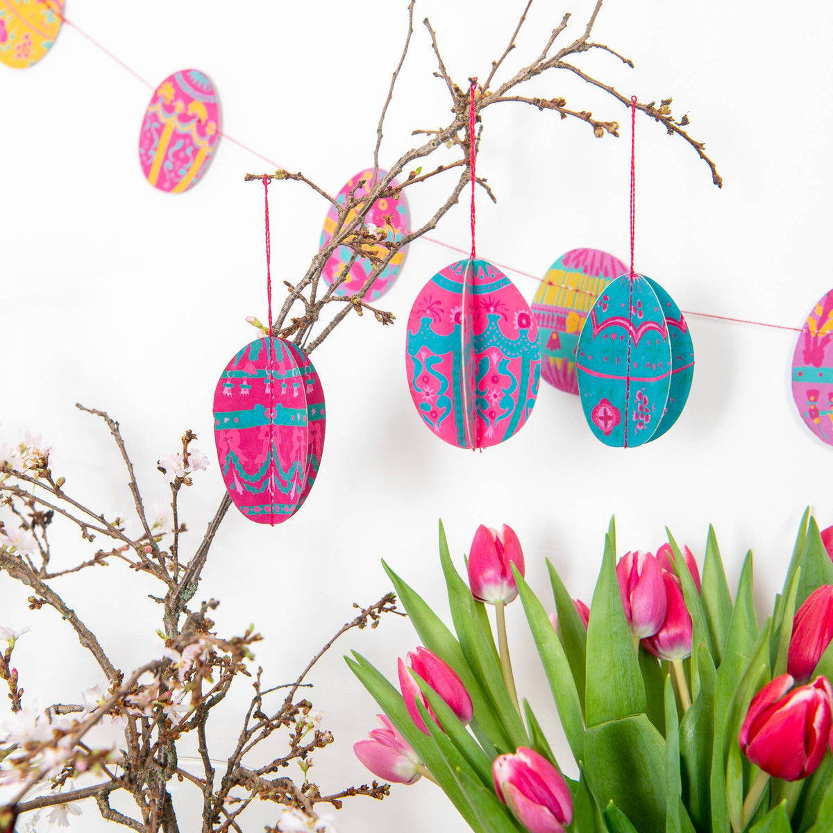 Easter Egg Screen Printed 3D Paper Ornaments 4pk hanging on a branch in an Easter scene by penny black