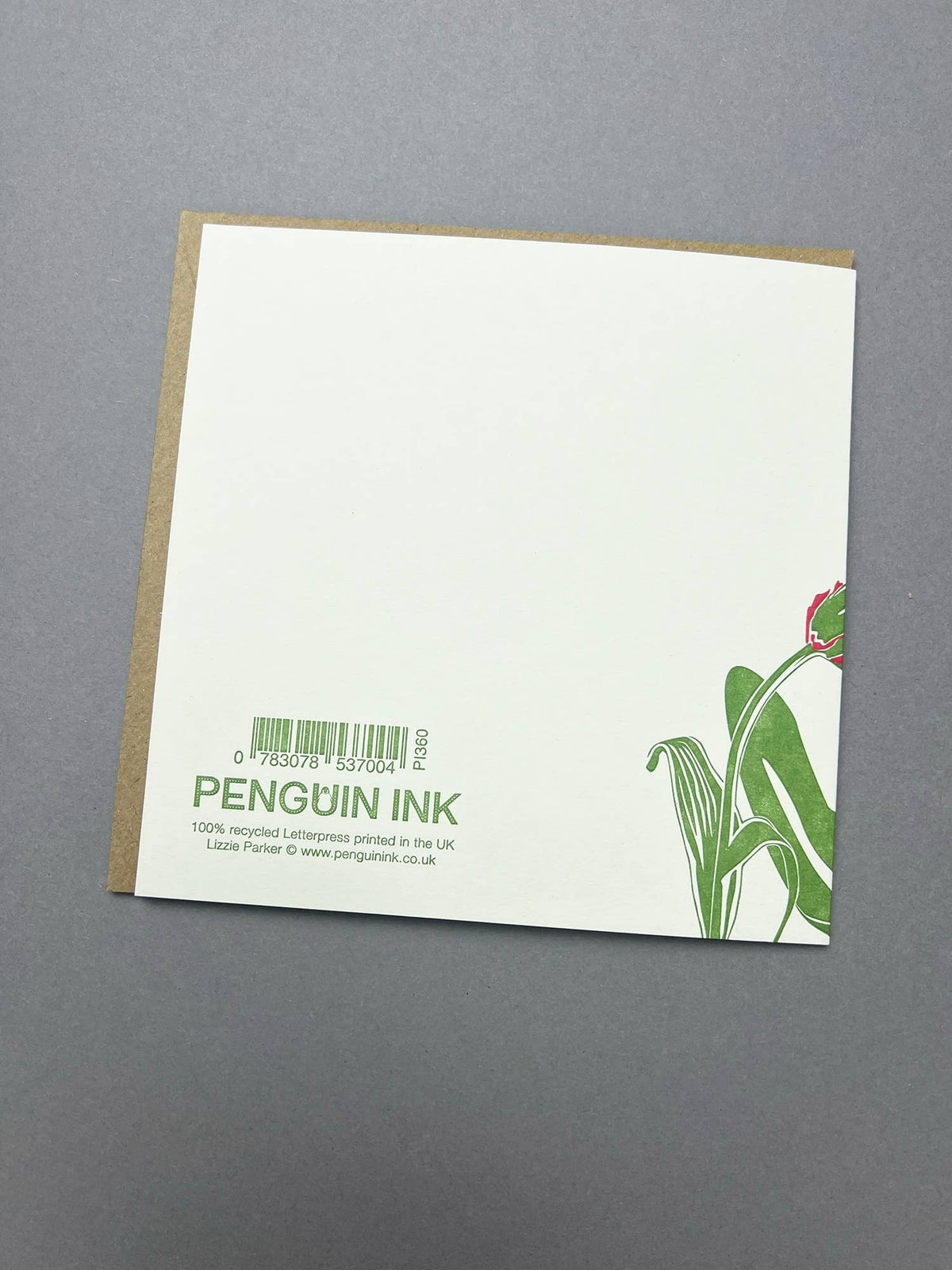 Pink Tulips Letterpress Card back view by penguin ink at penny black