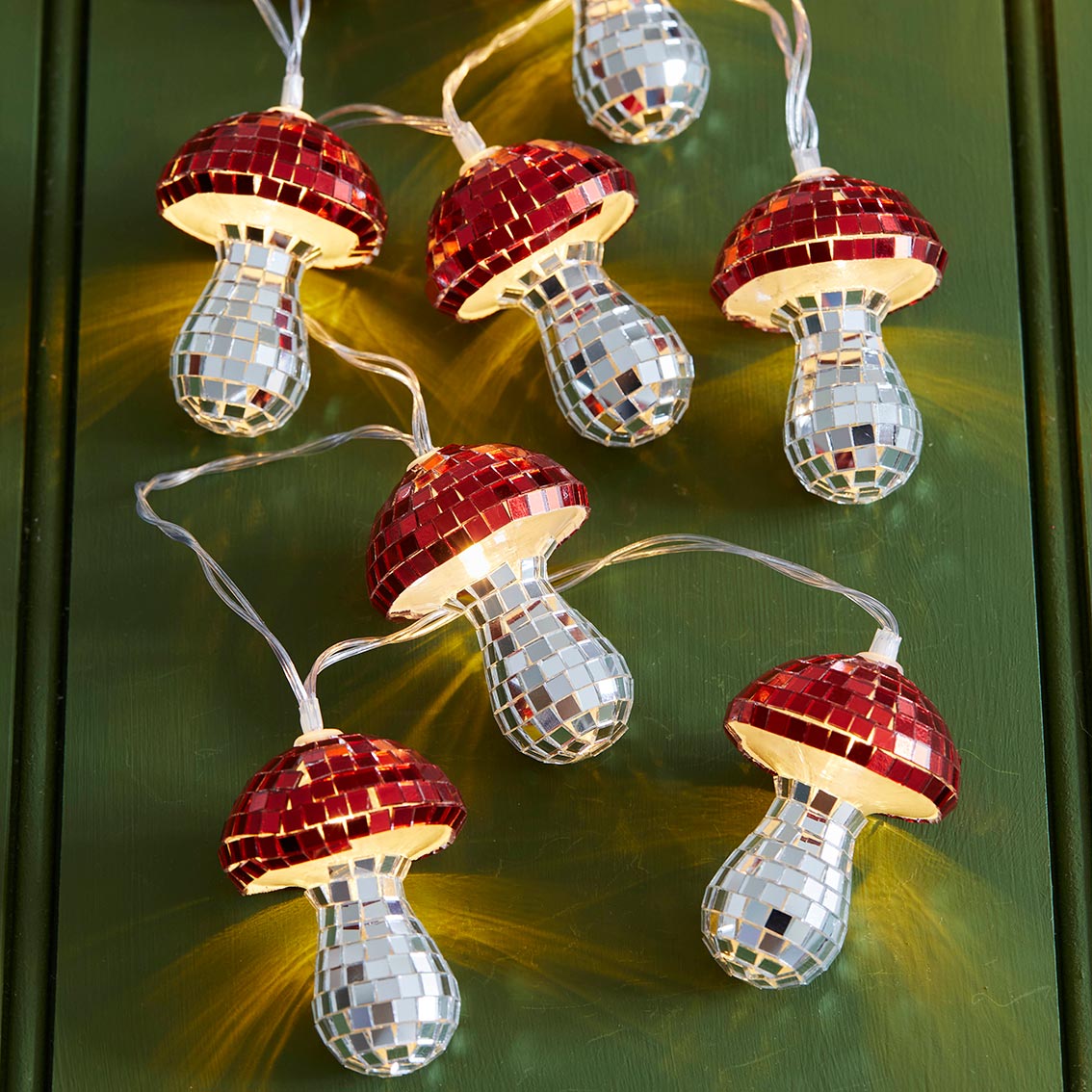 Midnight Forest Toadstool LED Disco String Lights in a house by penny black