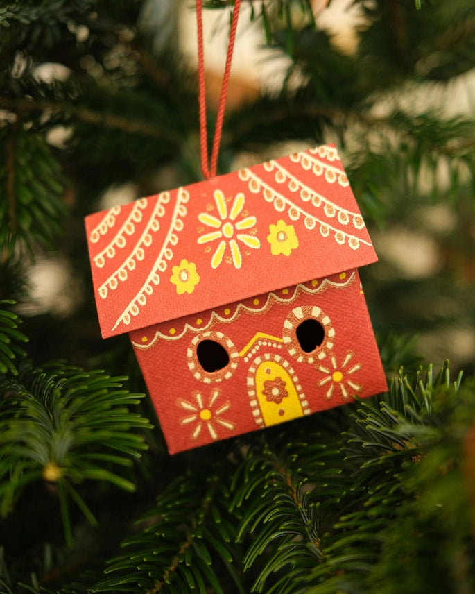 3D Gingerbread House Screen Printed Hanging Tree Decoration hanging on a christmas tree by east end press at penny black