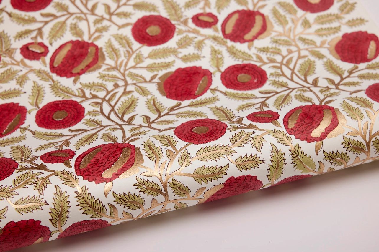 Marigold Scarlet Block Printed Wrapping Paper Sheet - rolled by penny black