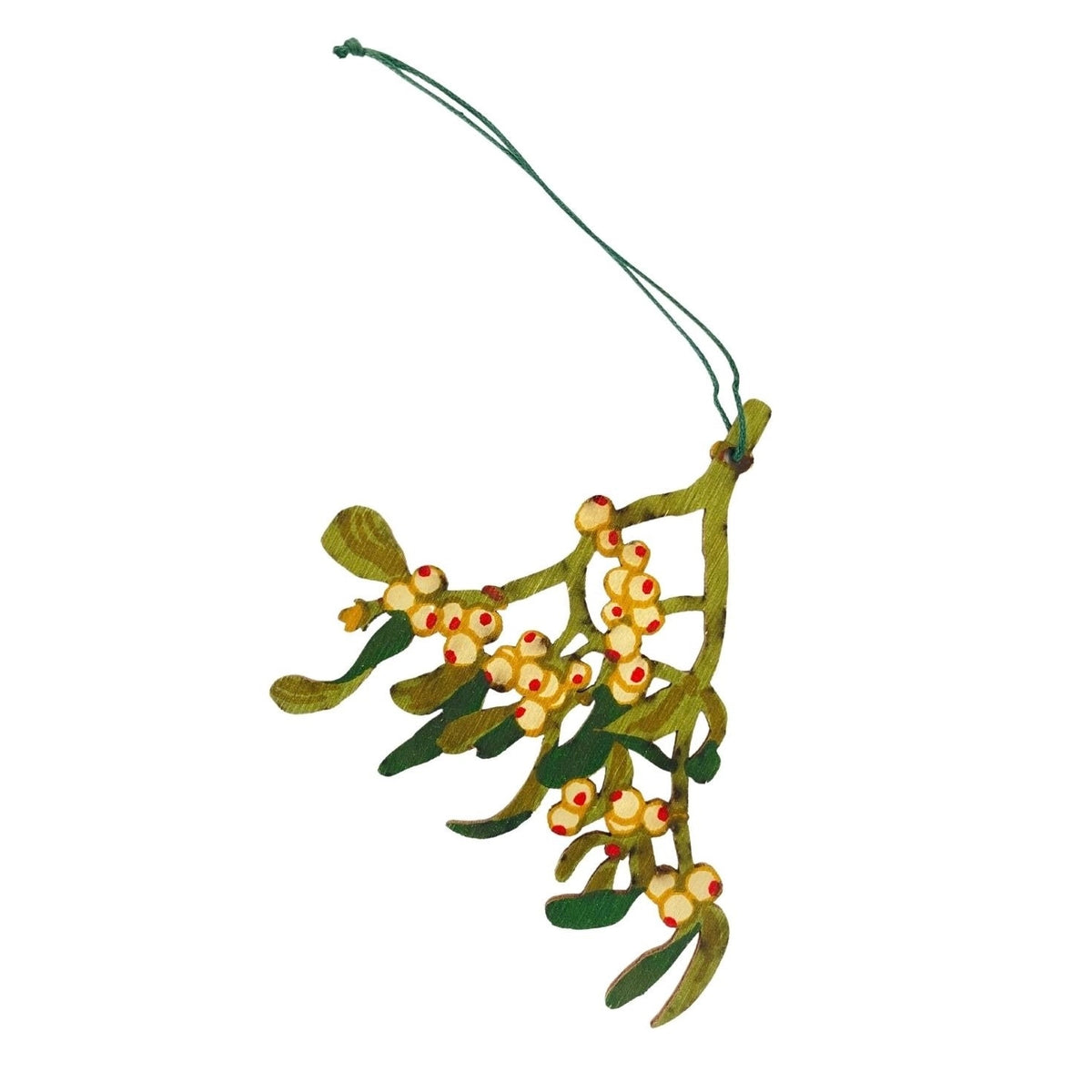 Mistletoe cut out shape with Various shades of green stalk and leaf with white and red berries with a cord for hanging.