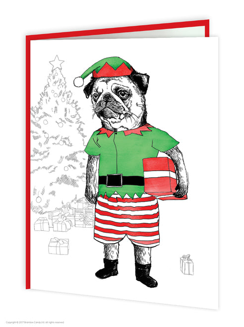 Pug Elf JimBob Art Christmas Card