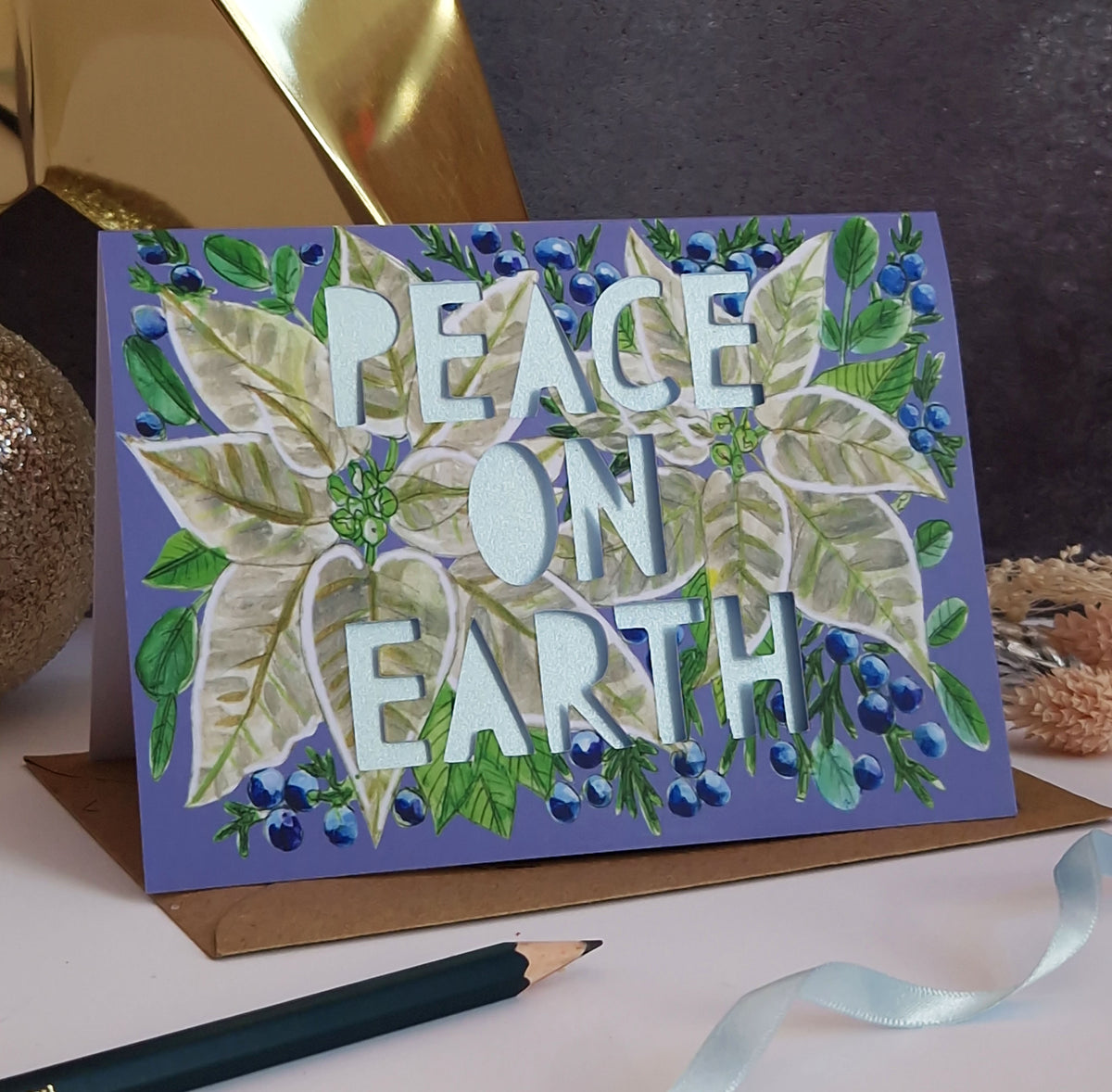 Peace on Earth Poinsetta Christmas Paper Cut Card