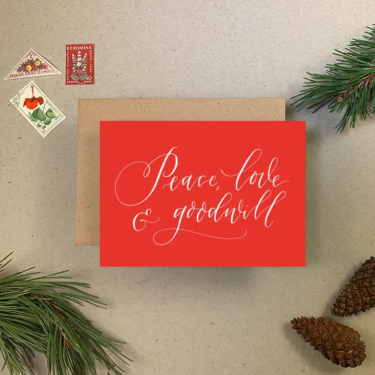 Peace, Love &amp; Goodwill Calligraphy Christmas Card